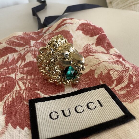NEW Authentic Gucci Lion Head Motif Gemstone Ring In Gold & Green Sz M 7.5 US - Picture 3 of 9